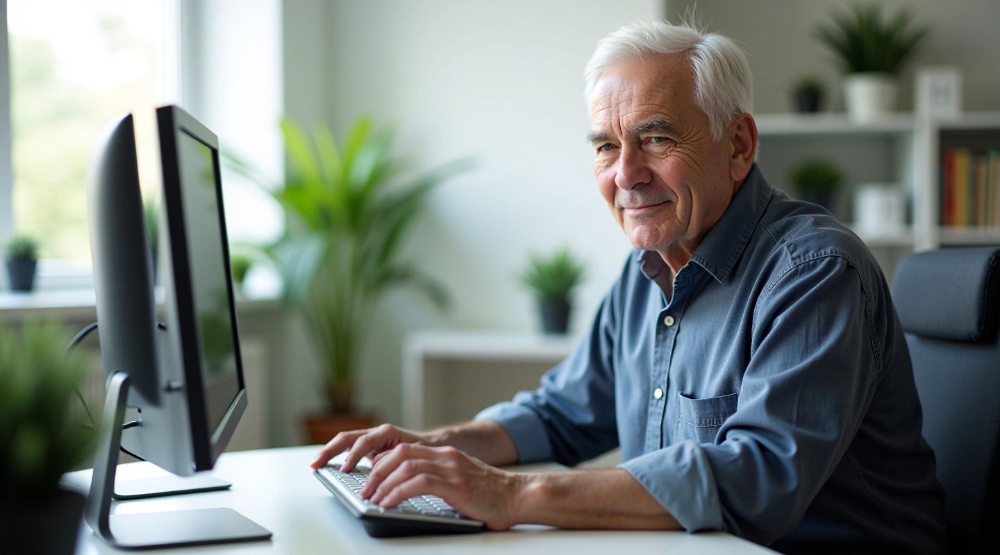 Adult learner at computer workstation, comfortable learning environment