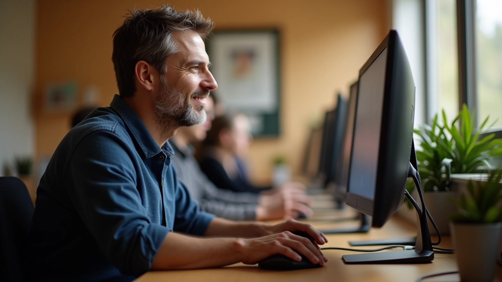 Adult learner practicing mouse skills at a computer workstation